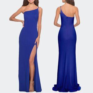 La Femme One Shoulder Jersey Gown Maxi Dress High Slit Royal Blue 00